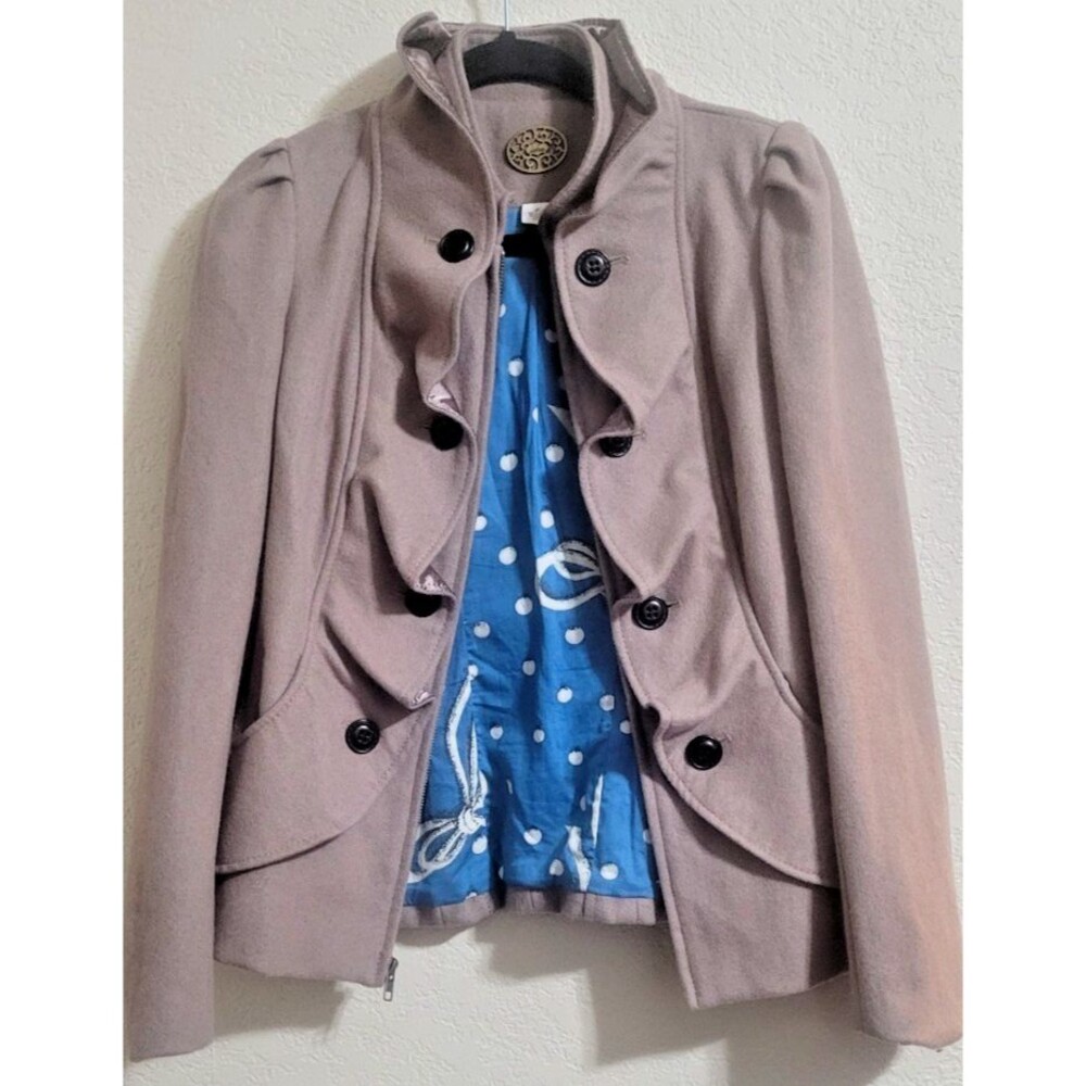 Idra Anthropologie Women Beige Wool Ruffle Confection Military Jacket Size 4